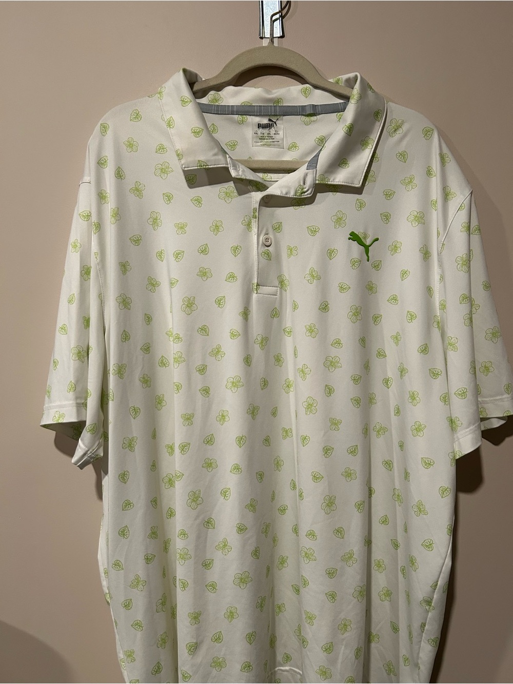 Puma White Polo with Lime Green Floral Accents